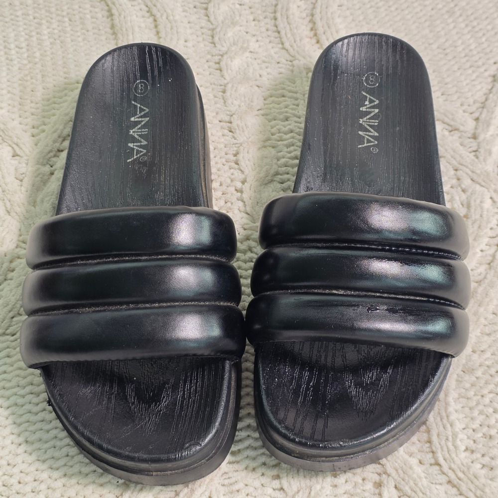 ANNA Puffy Slides Platform Sandals Black Faux Leather Platform Women 8